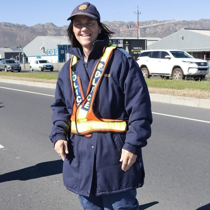 Col Jacolize Fleischmann, Somerset West station commander, directs traffic at N2 roadblock