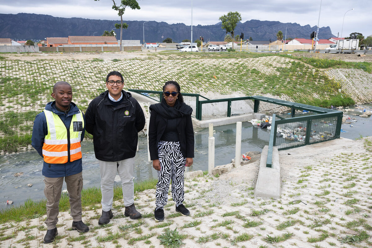 From left are Water and Sanitation official Sivuyile Mkalali, Zahid Badroodien, Mayoral Committee Member for Water and Sanitation, and Ntombikhona Precious Kuboni.