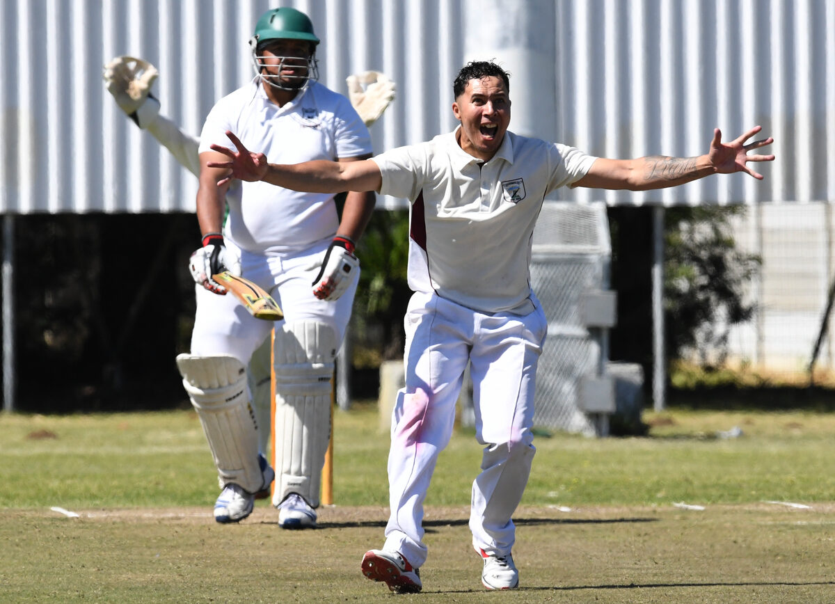 Chad Bailey playing for Helderberg, puts in a confident loud appeal.