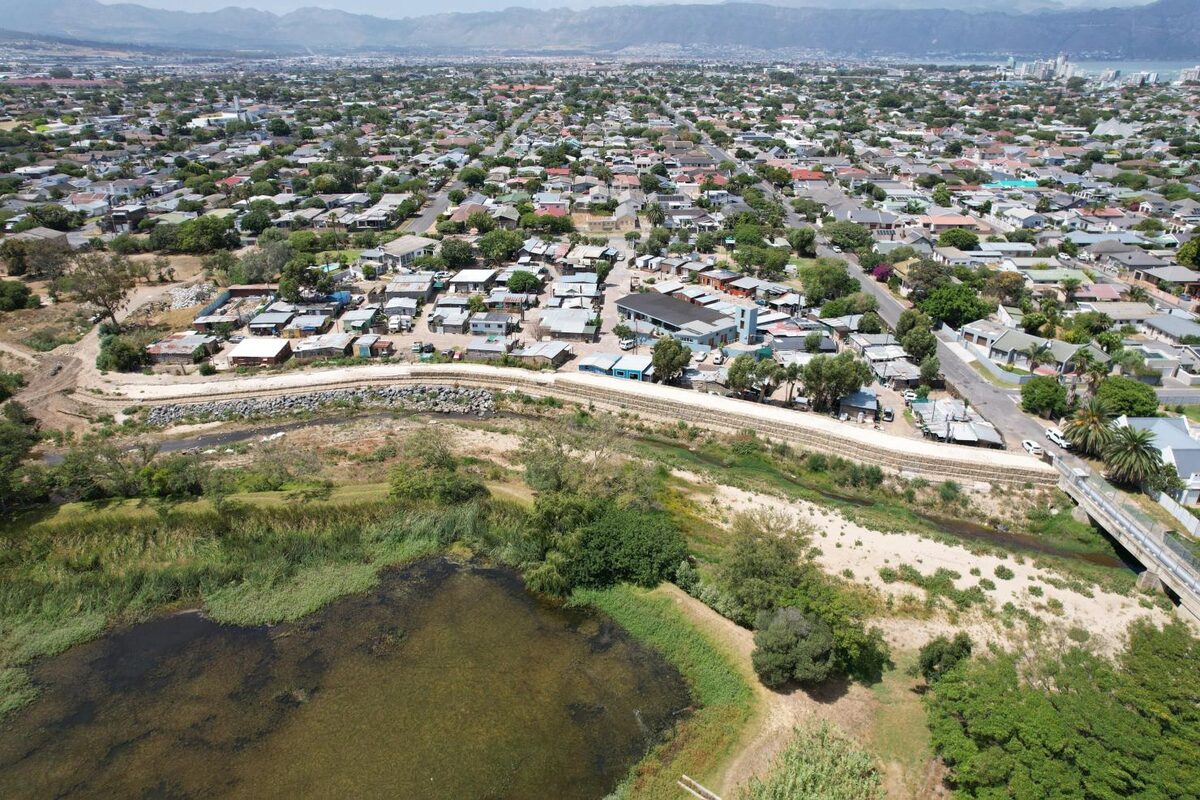An aerial view of the flood protection barriers constructed at Kay's Community in Strand as part of the Lourens River flood alleviation project.