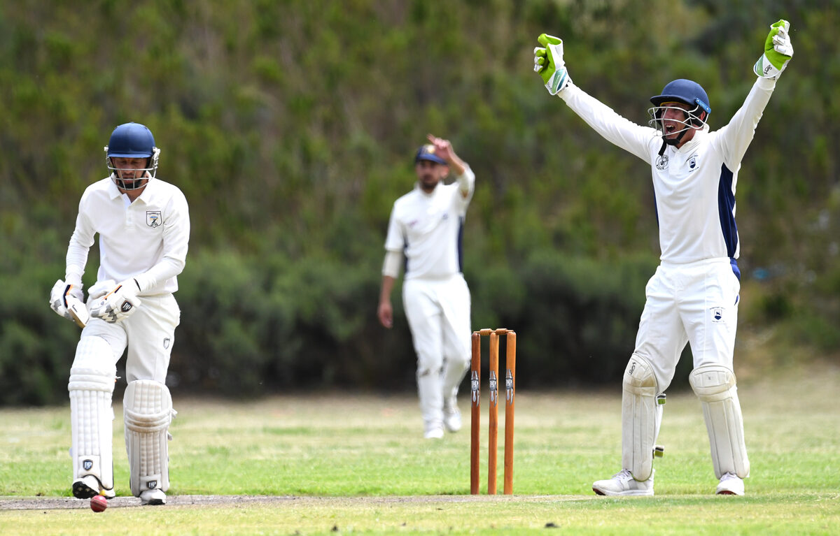 SWCC wicket-keeper Wilhelm Esterhuizen puts in a big appeal with Helderberg CC batsman Gary-Jon Sylvester having none of it.