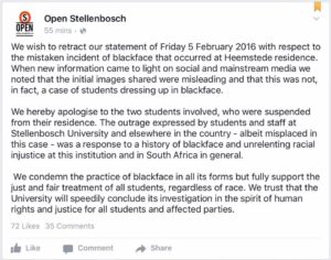 Open Stellenbosch trek verskoning terug