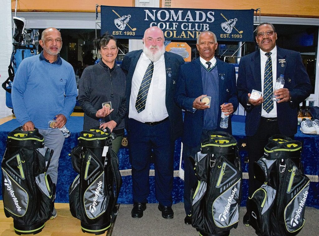 4 Ball competition winners with Boland Nomads vice-chairperson Marius Swanepoel (centre) at the Andrew Mentis Golf Day. From left: Neville Solomons, Fiona Higgins, Swanepoel, April Prins and Andries Slinger. Photo: Kim Binneman