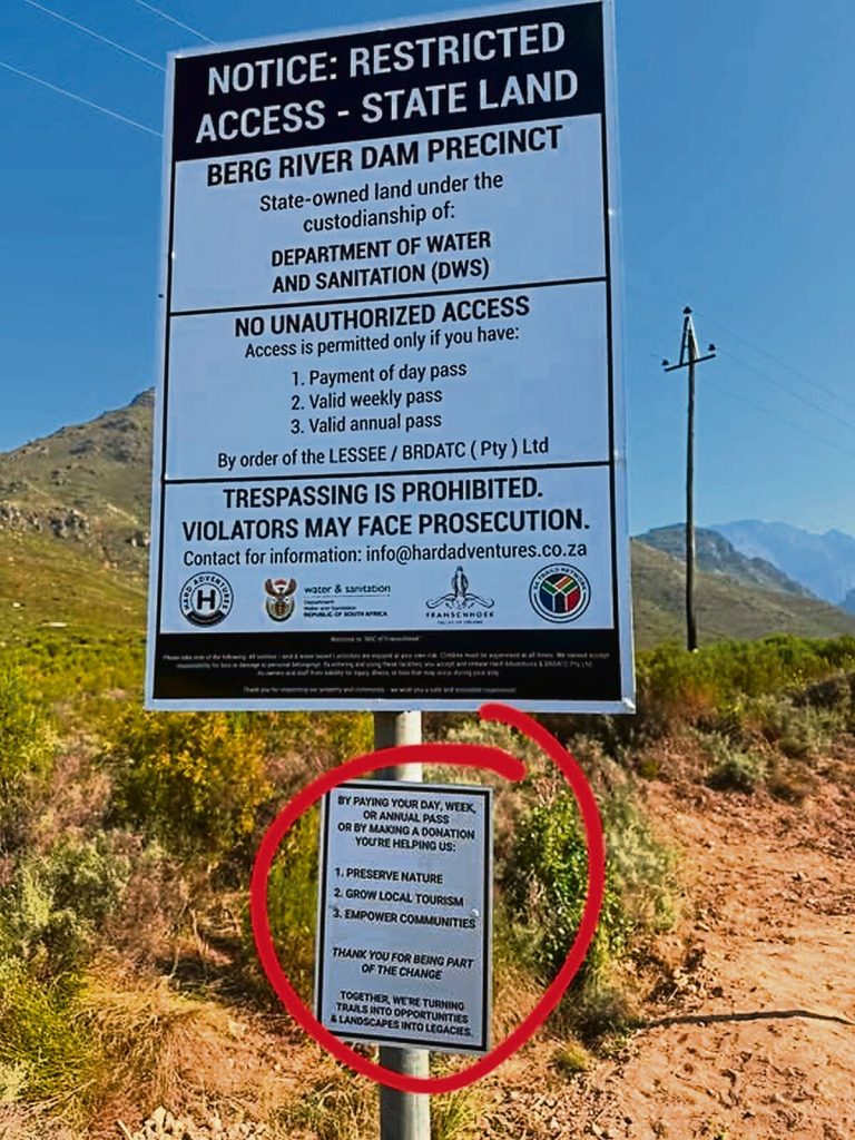 A sign was recently erected close to the Berg River Dam, marking it a restricted area. 
Photo: Stop the Franschhoek Skytram/Facebook