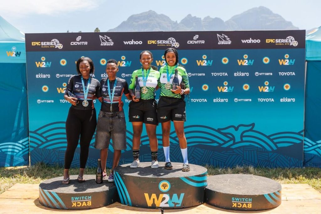 Yomelela Mfazwe and Winile Majavu (far left) of Team Fairtree DP World Cannondale claimed second place in the women's Exarro race. Tsholofelo Nkosi and Bontle Phepiso of Exxaro Ladies 1 finished at the top of the podium.
