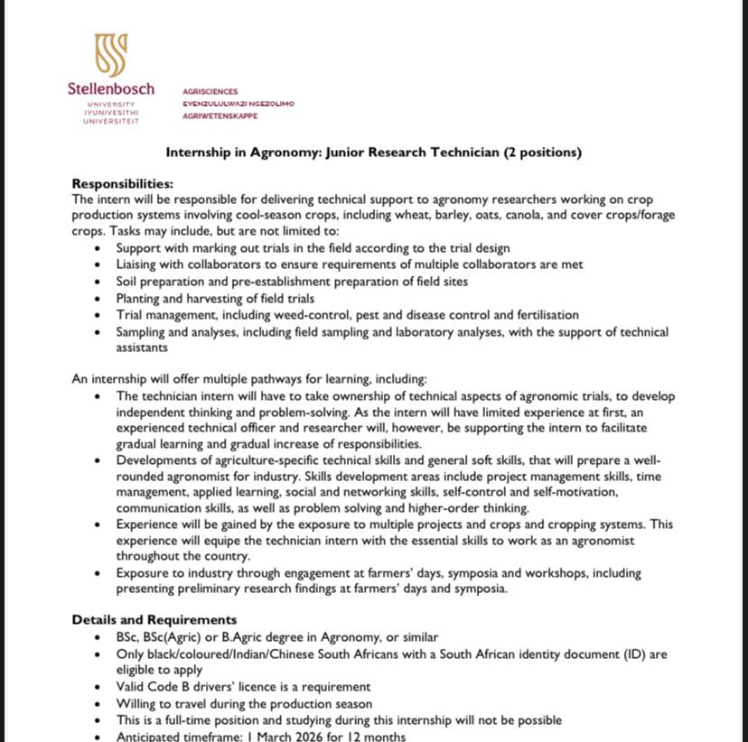 Die advertensie vir twee junior navoringsinsternskappe is deur die Universiteit Stellenbosch se Departement Agronomie gepubliseer.