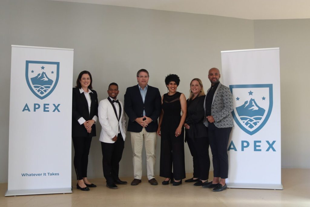Jana du Plooy (Apex Education CEO), Dillon Seals (principal of Apex High School Eersterivier), David Maynier (minister for Education in the Western Cape), Robyn van de Rhede (principal of Apex High School Stellenbosch), Renate van der Westhuizen (Head of Schools), and Florance Vermeulen (principal of Apex Pinelands).