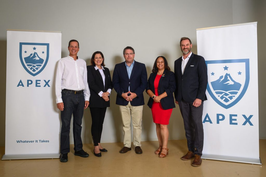 Dignitaries at the opening included, from left, Ernst Gouws (Apex Education Board Chair), Jana du Plooy (Apex Education CEO), David Maynier (Minister for Education in the Western Cape), Wendy Viljoen (Senior Manager: Edu Invest, Wesgro), and David King (Head of Strategic Projects, Wesgro)