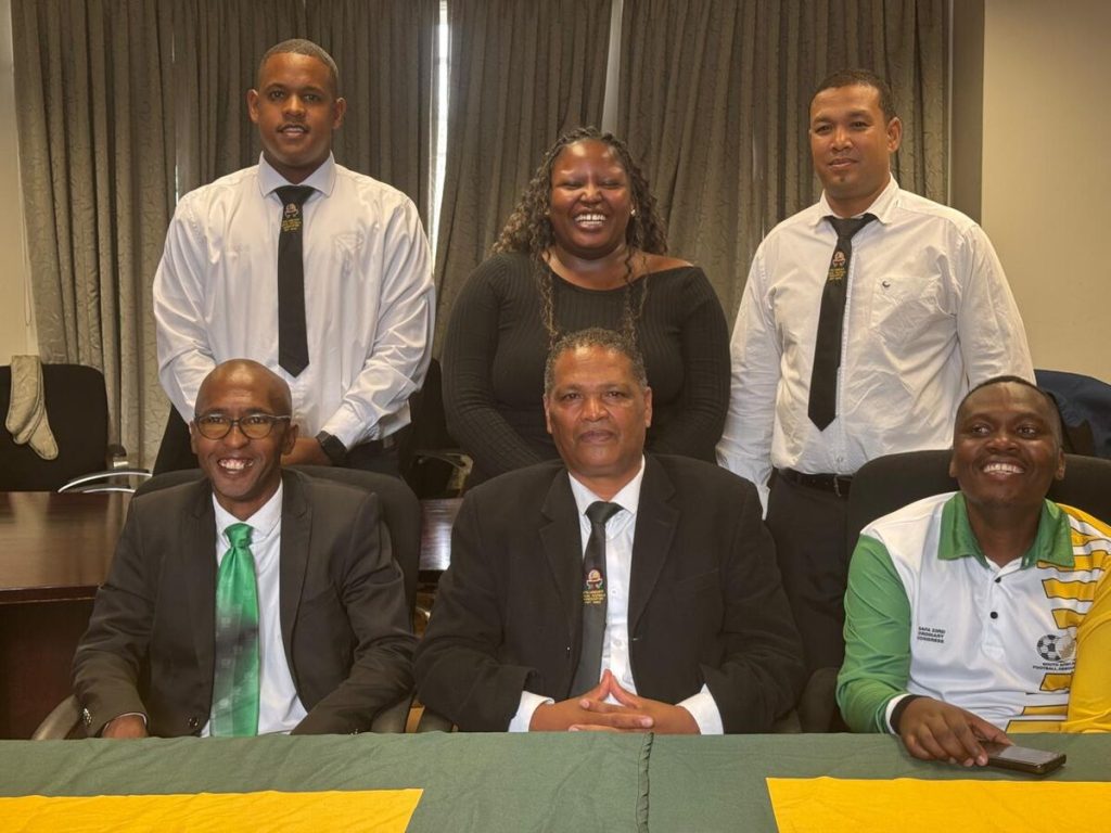 The new Safa Cape Winelands executive committee comprises (back, from left) Keenan Jacobs (treasurer general), Lindokuhle Ndawule (second vice-president) and Waldo Christiaans (third vice-president). Front: Cyril Caine (first vice-president), George Rhoda (president) and Mluleki Daniso (secretary).