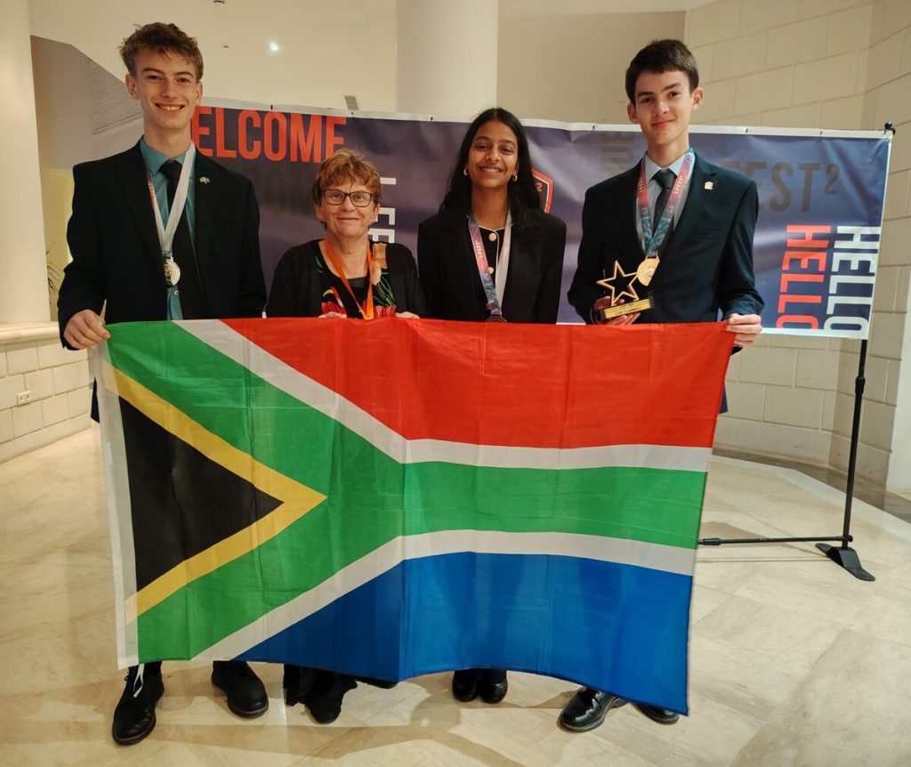 Proudly showing off their medals and the South African flag at IFEST² in Tunisia (from left) are Nathan Moolman, Anina Nel, Diya Zacaria and Nicolaas Steenkamp (Hoërskool Stellenbosch).