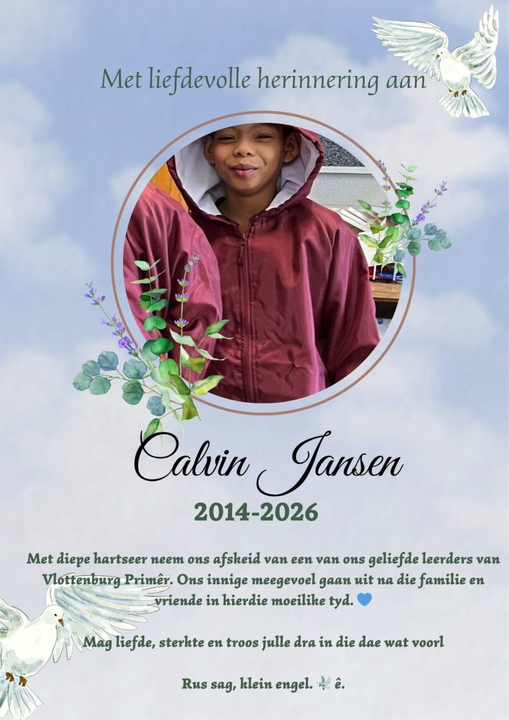 A poster made in honour of Calvin Jansen by Vlottenburg Primary, where he was a learner.