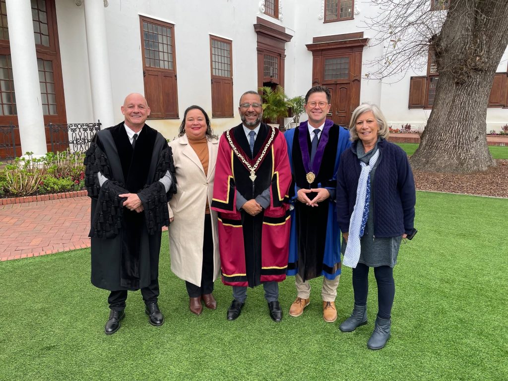 Stellenbosch Municipality 2026
Stellenbosch's Speaker Quinton Smith, MM Geraldine Mettler, Mayor Jeremy Fasser, DM Dr Rudi Bus, and chief whip cllr. Patricia Crawley. Photo: Stellenbosch Municipality