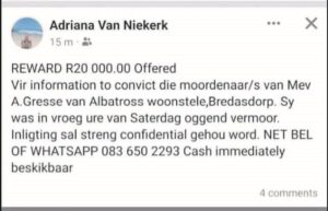 Beloning vir inligting ná moord op oud-onnie wat in Bredasdorp woon