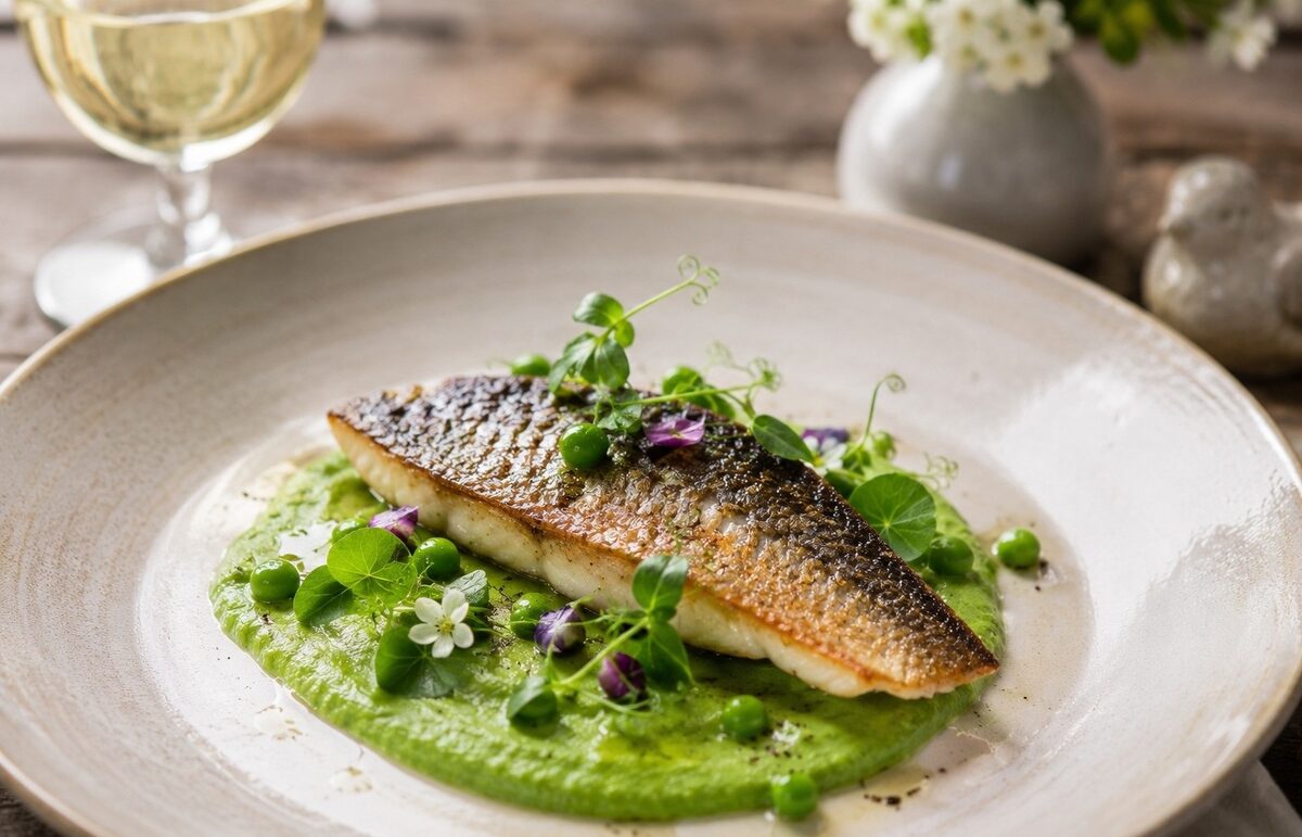 The Chargrilled Trout with Wild Garlic and Spring Pea Purée.