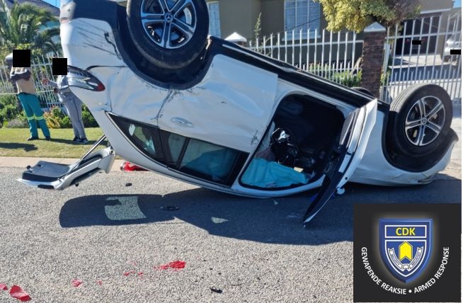 The Mercedes Benz landed on its roof.
