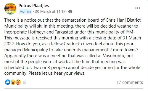 A screenshot of a Facebook post on the Cradock Spe