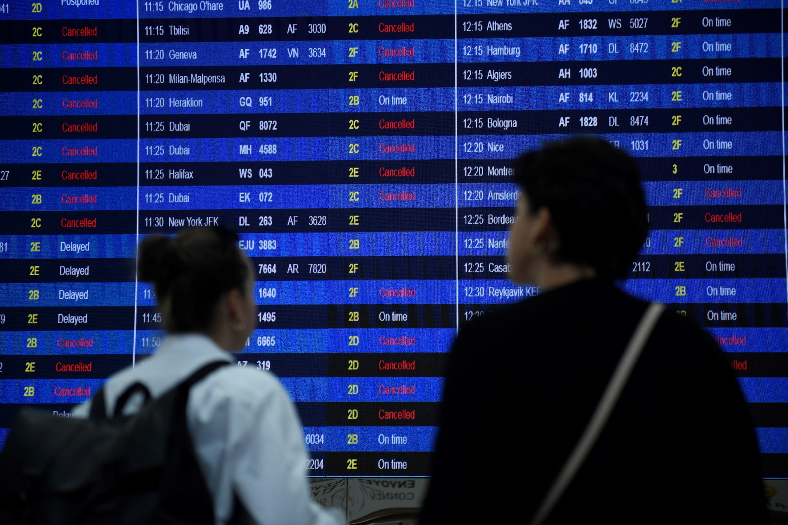 Travellers are stranded here at Roissy-Charles de Gaulle airport due to cancelled flights due to a strike of air traffic controllers. PHOTO: by Julien de Rosa / AFP)