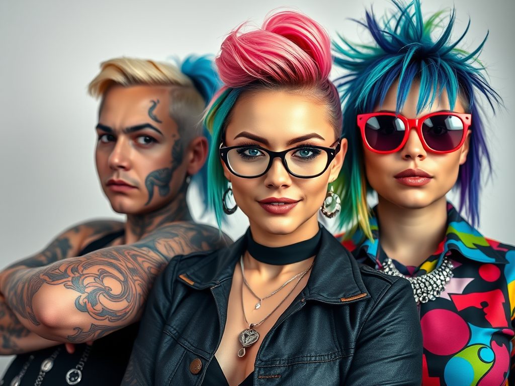 Drie mense wat glimlag met tatoeëermerke op hulle liggame.