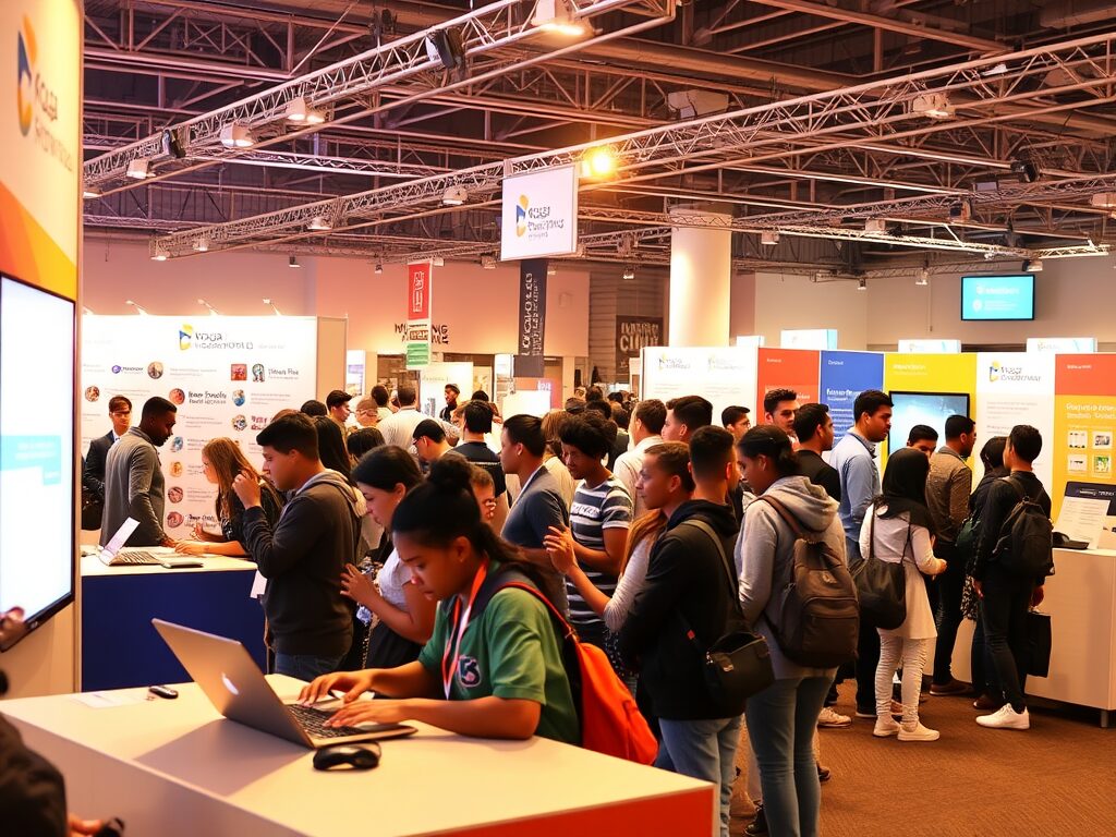 A building filled with learners who are exploring various stalls.