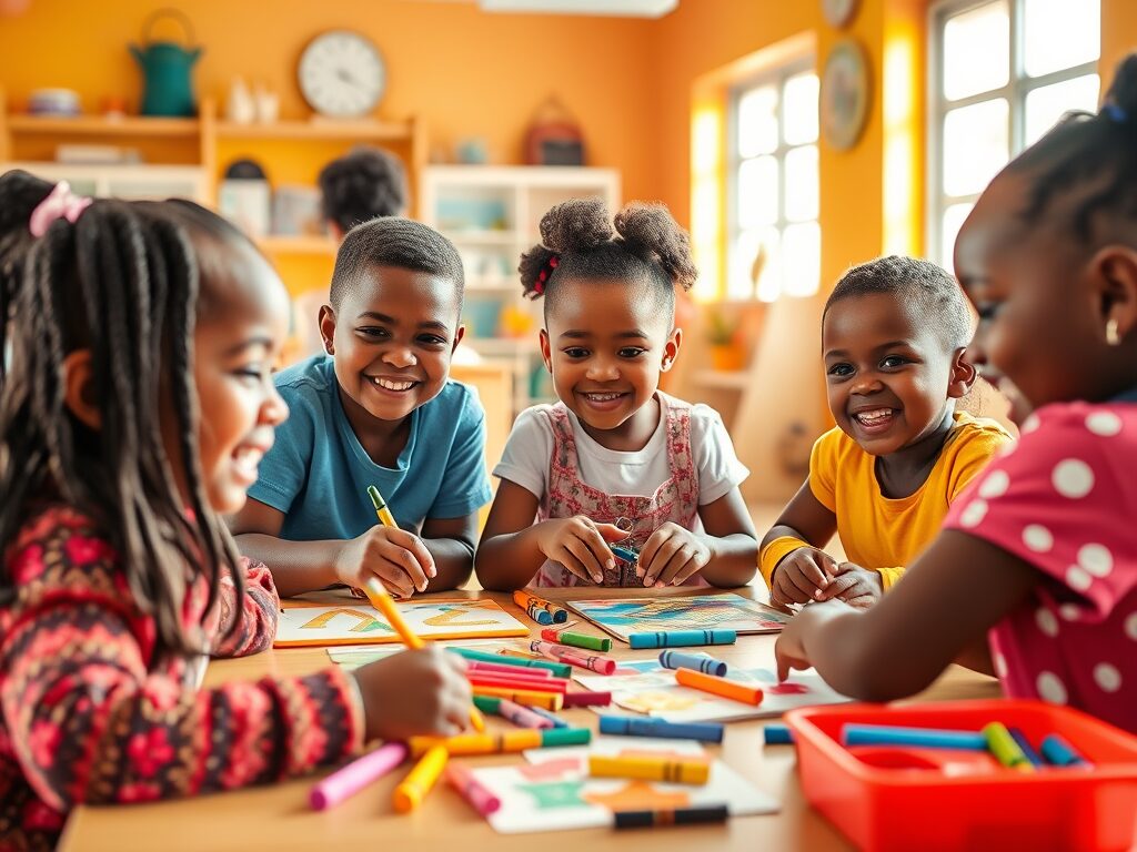 Children smiling and enjoying their schoolwork.