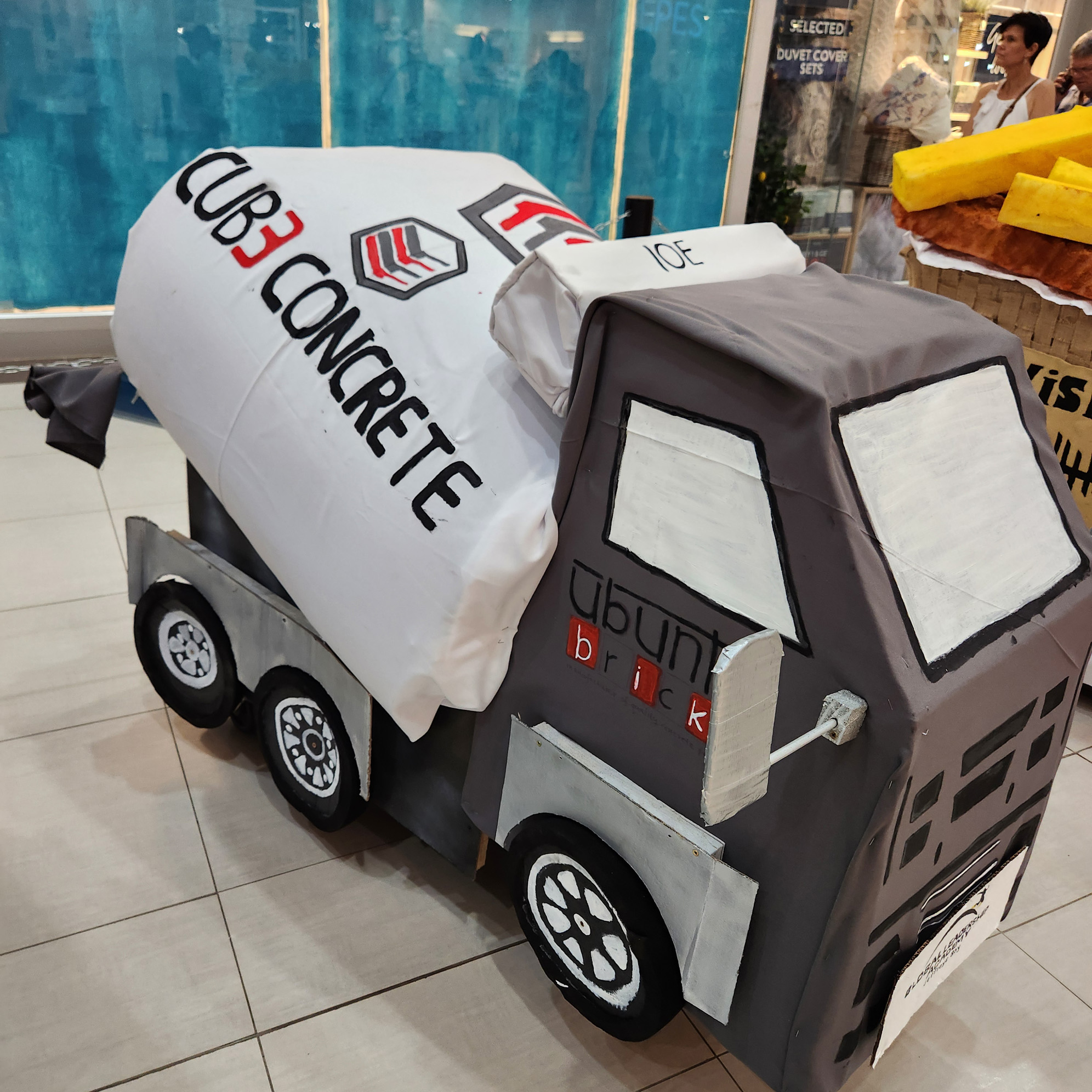 A uniquely design of a concrete mixer truck.