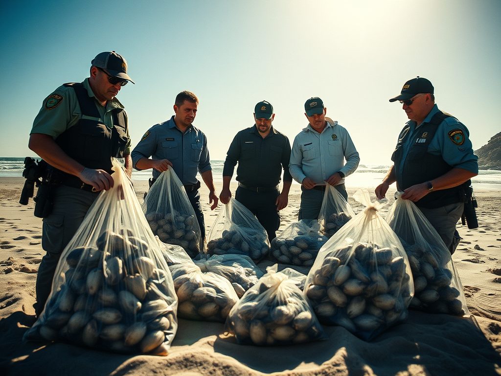 Police officers standing along the coastline with large bags of abalone.