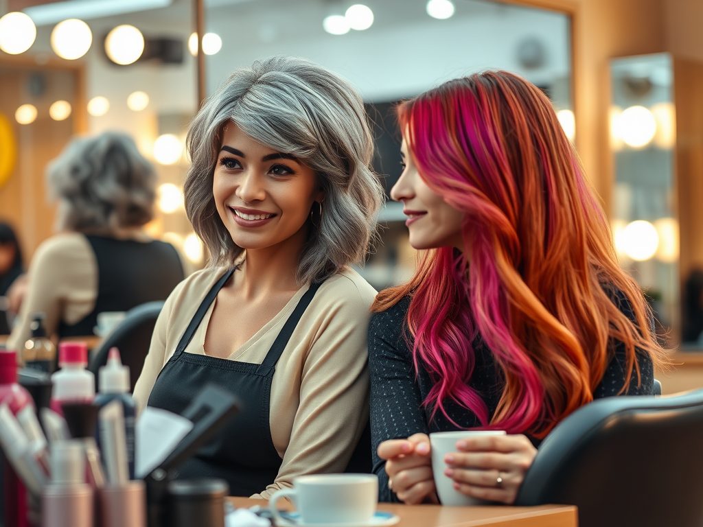 Twee vroue met verskillende haarkleuren sit langs mekaar.