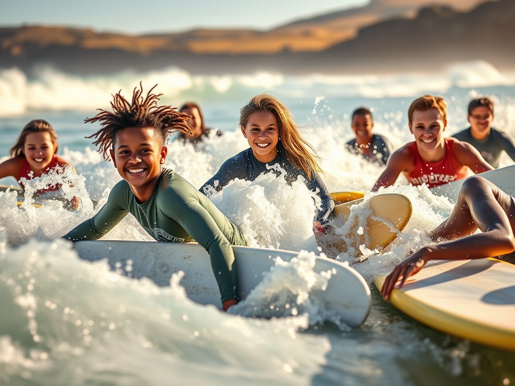 A group of young people surfing.