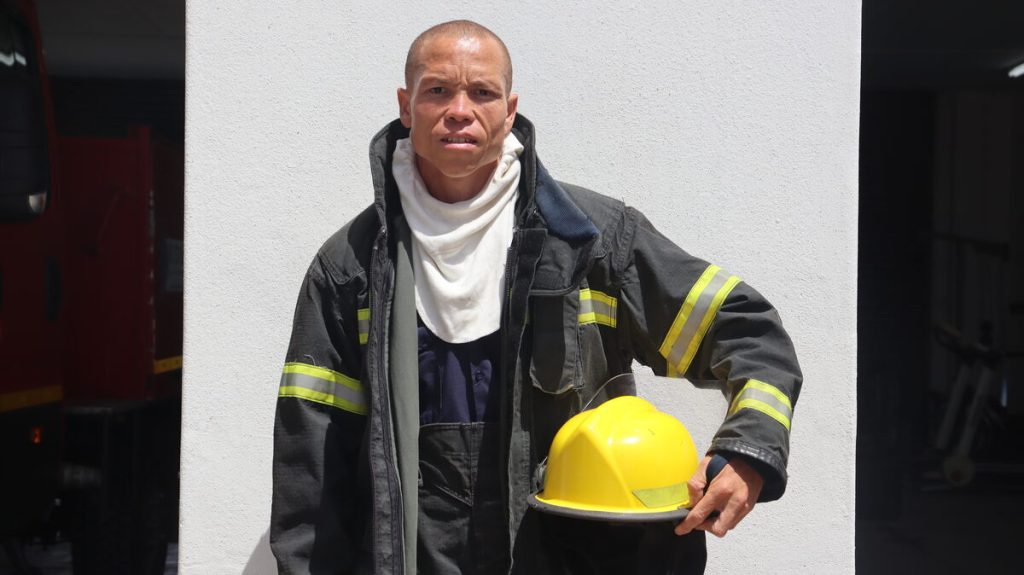 Kouga firefighter Benito Wabanie with his fire gear.