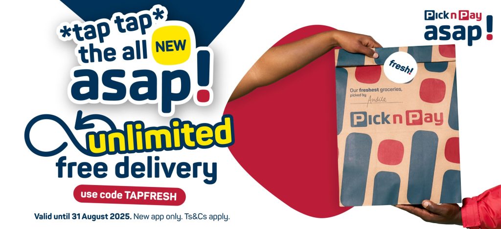 Hand holding a Pick n Pay grocery delivery bag with colorful pattern and 'fresh' label.