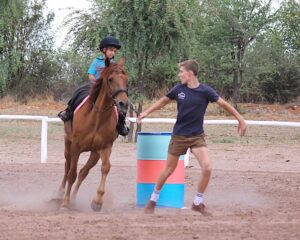 Perd, ruiter een in aksie-belaaide perdesport