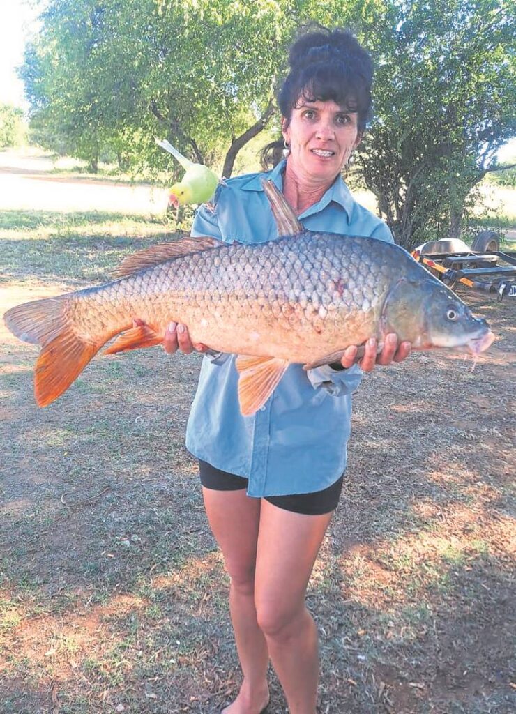 Reinette Barnard, algehele wenner van die Bloemhof Bonanza 2024, met haar wenkarp van 80 cm. Sy is die eerste vrou om dié toernooi te wen.