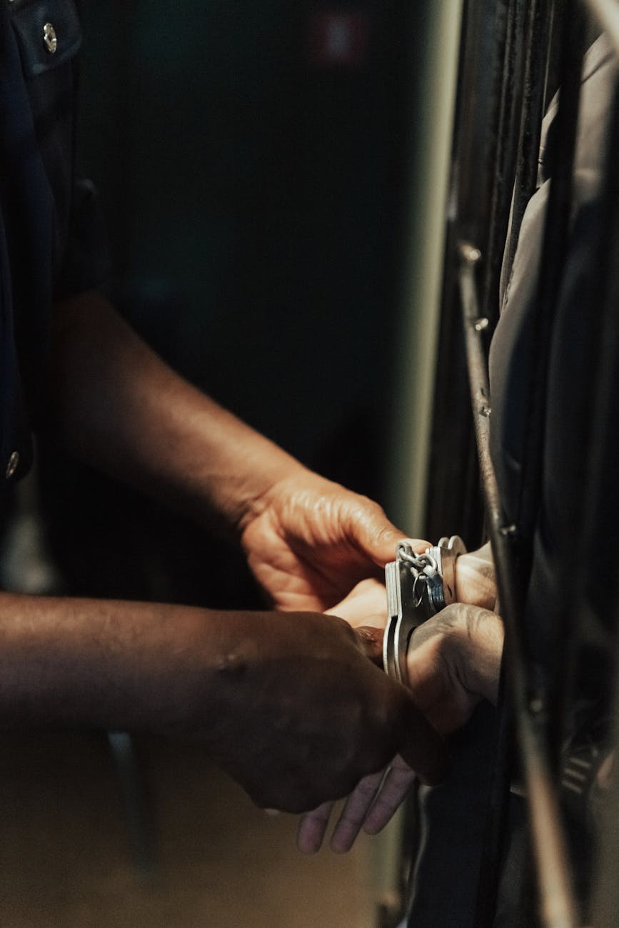 handcuffs op hands of prisoner in jail
