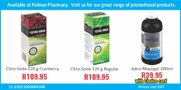 Promotional banner for Palmae Pharmacy showing 3 products and their prices