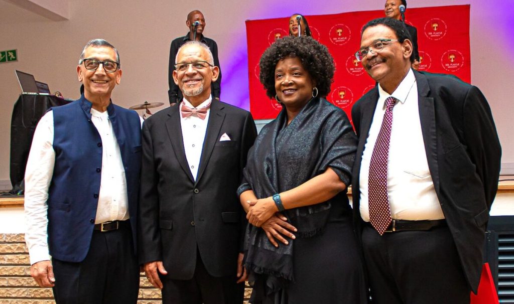 The Sol Plaatje University's (SPU) second vice-chancellor and principal, 
Prof. Andrew Crouch, was honoured at a ceremony that marked the end of 
his tenure at the university. Milestones highlighted during his tenure include the launch of the Lesedi la Afrika Endowment Fund, establishment of the Talent Pipeline Programme, and working with Justice Steven Majiedt acquiring the iconic Harry Oppenheimer House through a donation from De Beers. At the event on 26 November, Crouch said he was filled with hope for the future of the SPU. 
He said the presence of the university in Kimberley was there for everyone to see and experience, with growth in student numbers, staff, infrastructure and its acceptance by the community. At the event are, from the left, Prof. Yunus Ballim (first vice-chancellor and principal of the SPU), Crouch, Prof. Debra Meyer (vice-chancellor and principal designate) and Justice Majiedt (former SPU chancellor and current Constitutional Court Judge).  PHOTO: Sol Plaatje University