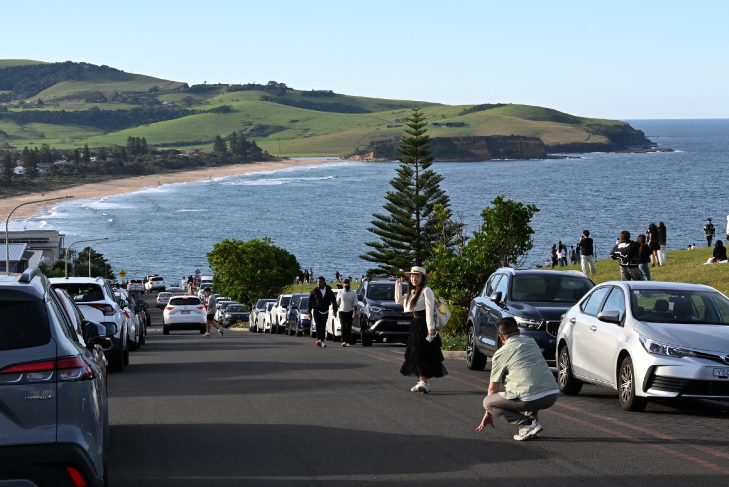 Tourists posing in the middle of Tasman Drive for photos and selfies.