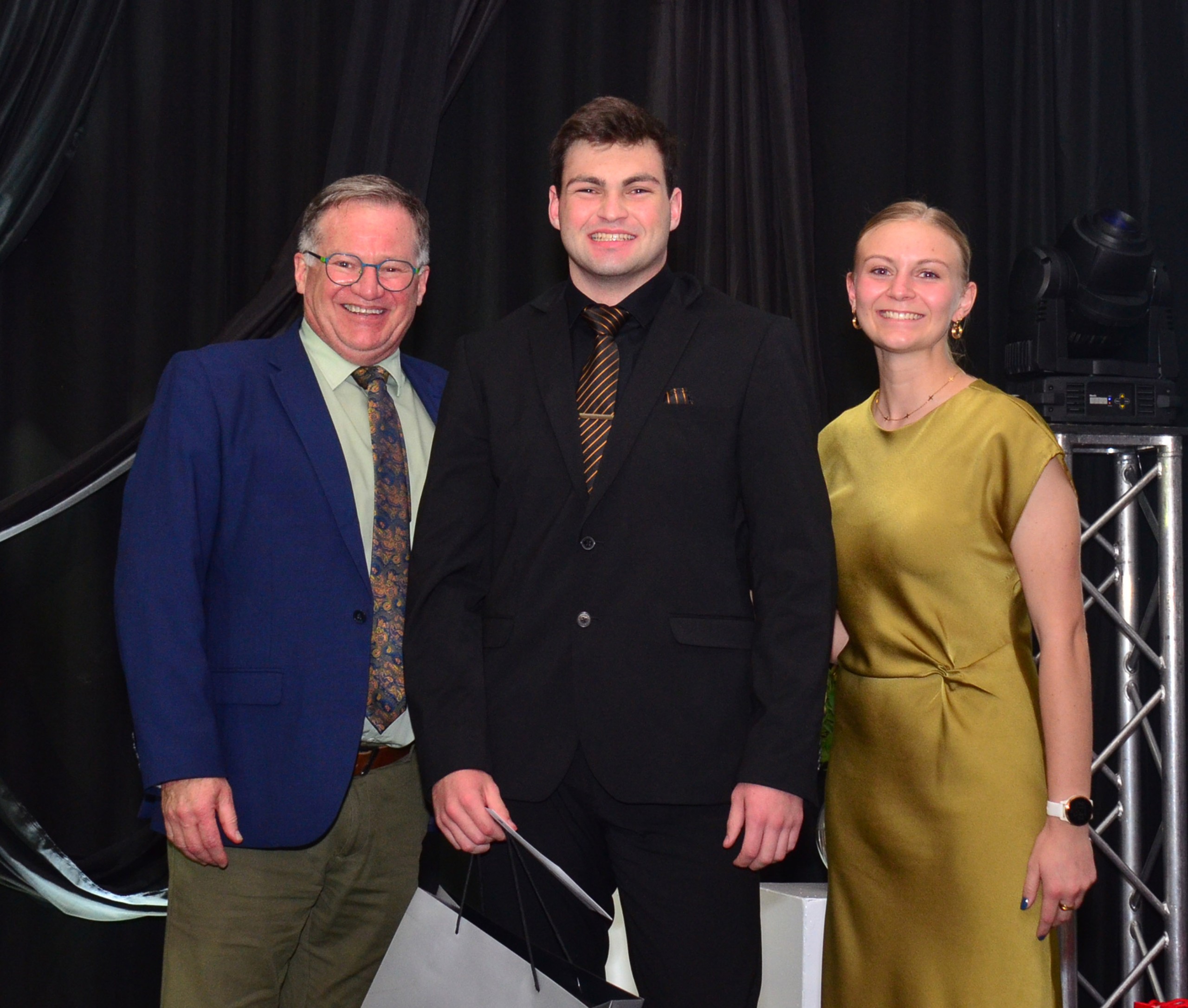 From left are Bertie Haasbroek (chairperson of the Kovsie Alumni Trust), Burgert van Heerden (finalist 2025) and Karla Marais (finalist 2024). Van Heerden received the Sparkling Personality award last year, while Marais received the same award in 2024. PHOTO: Charl Devenish