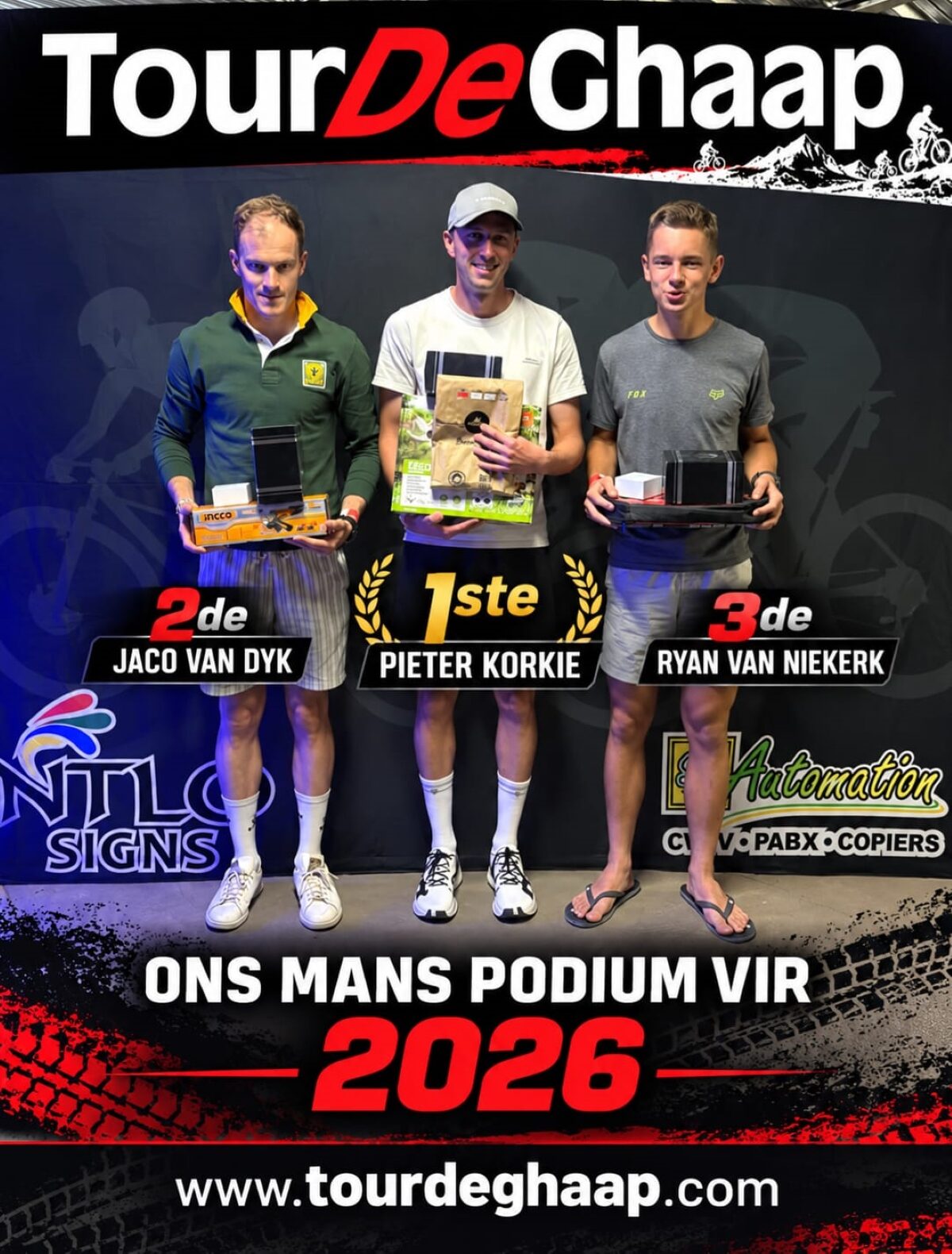 Die drie mans wat podiumplekke ingeneem het.