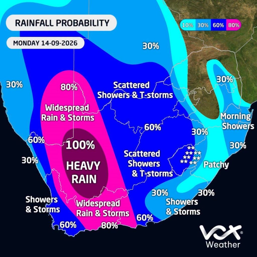 Die weerkaart dui die waarskynlikheid van reën vir Maandag 14 September aan.