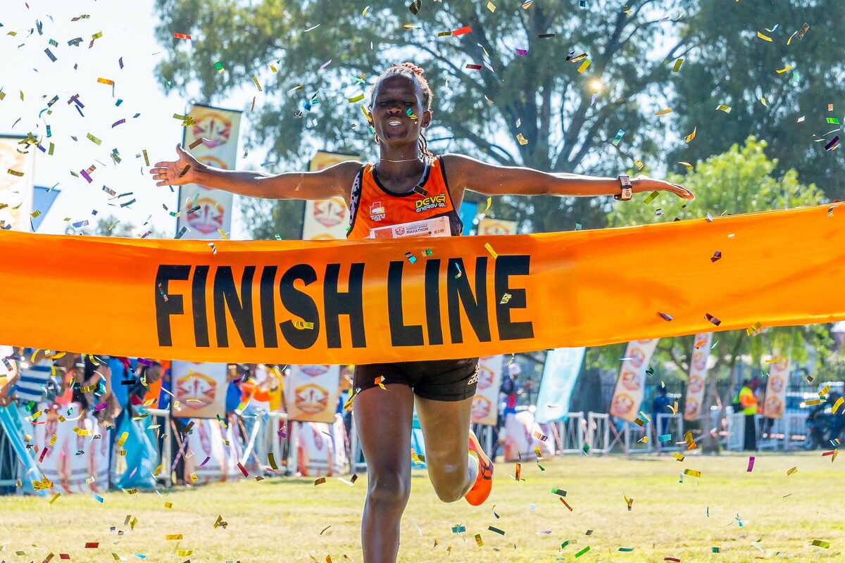 Kenyan runner Fridah Ndinda, the first woman to cross the finish line in the marathon