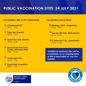 Publieke Covid-19 Inentingstasies vir Saterdag,  24 Julie