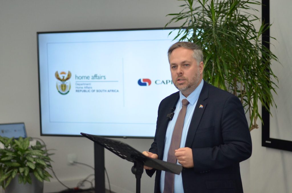 Minister of Home Affairs Dr Leon Schreiber speaking at Capitec Bank's head office in Stellenbosch on Tuesday 12 August.