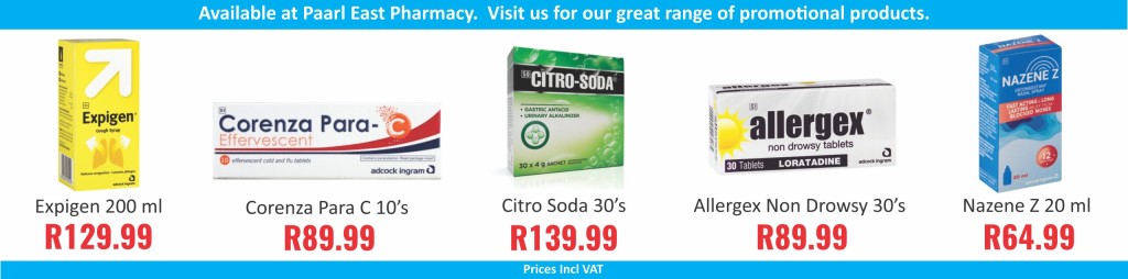 Promotional banner for Paarl East Pharmacy showing five Adcock Ingram products and their prices: Expigen, Corenza Para C, Citro-Soda, Allergex Non Drowsy, and Nazene Z.