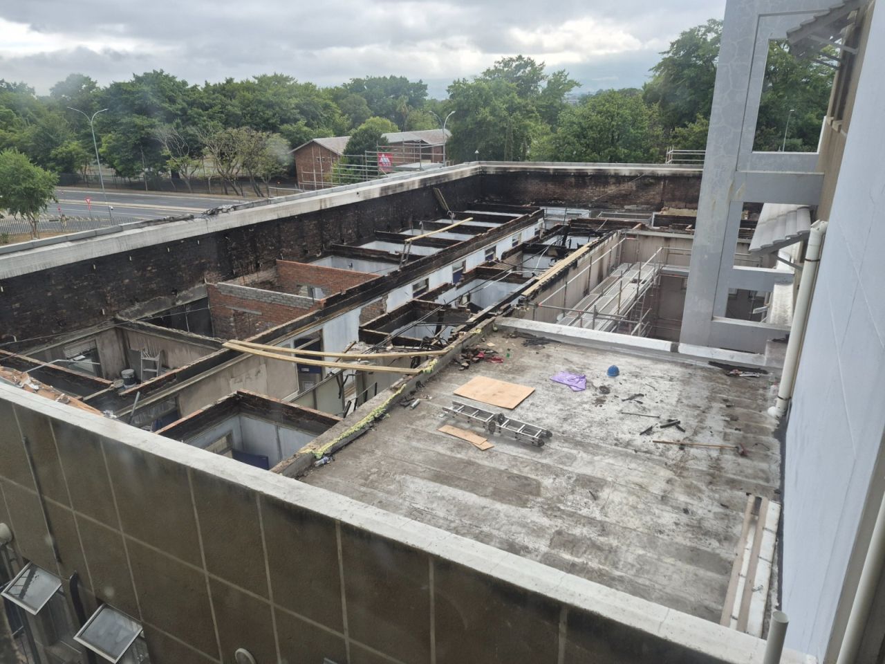 The roof of the affected part of the building during repairs.