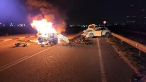 Man dies as car bursts into flames during head-on collision