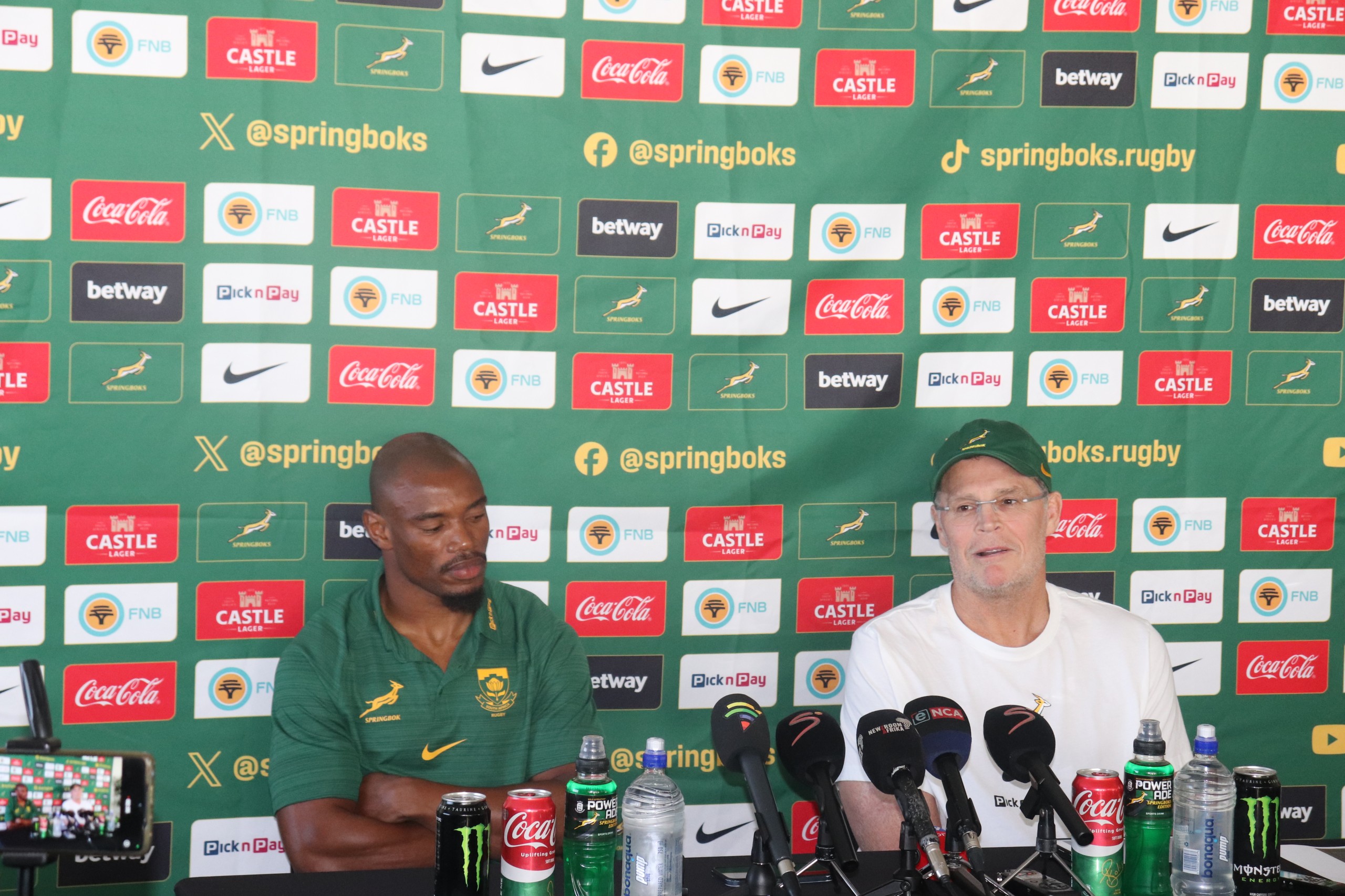 Springboks winger, Makazole Mapimpi and head coach, Rassie Erasmus at the team press conference ahead of their clash against Italy.