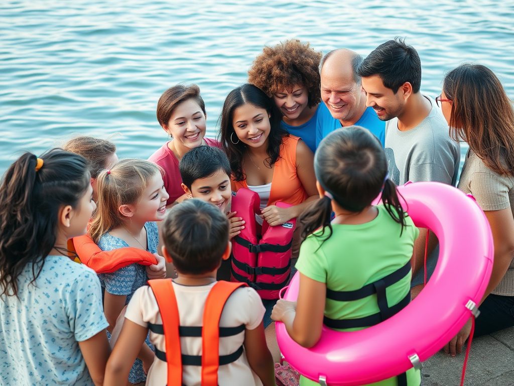 A group of people with life saving gear standing alongside a body of water.