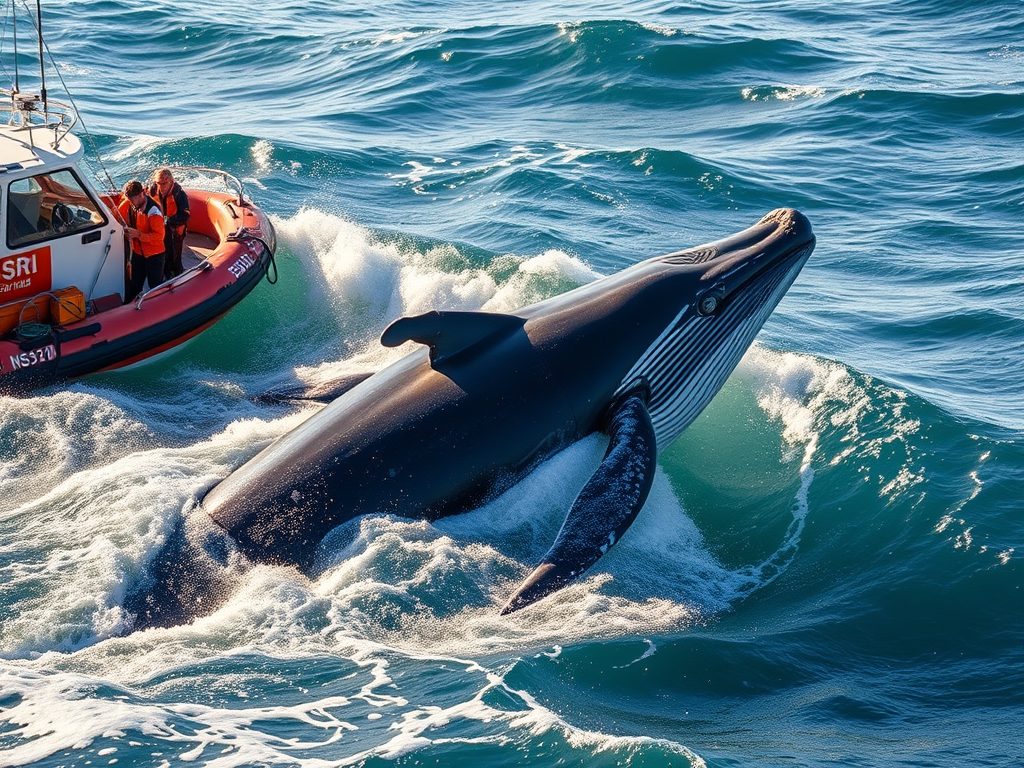 A whale swimming alongside an NSRI rescue boat.