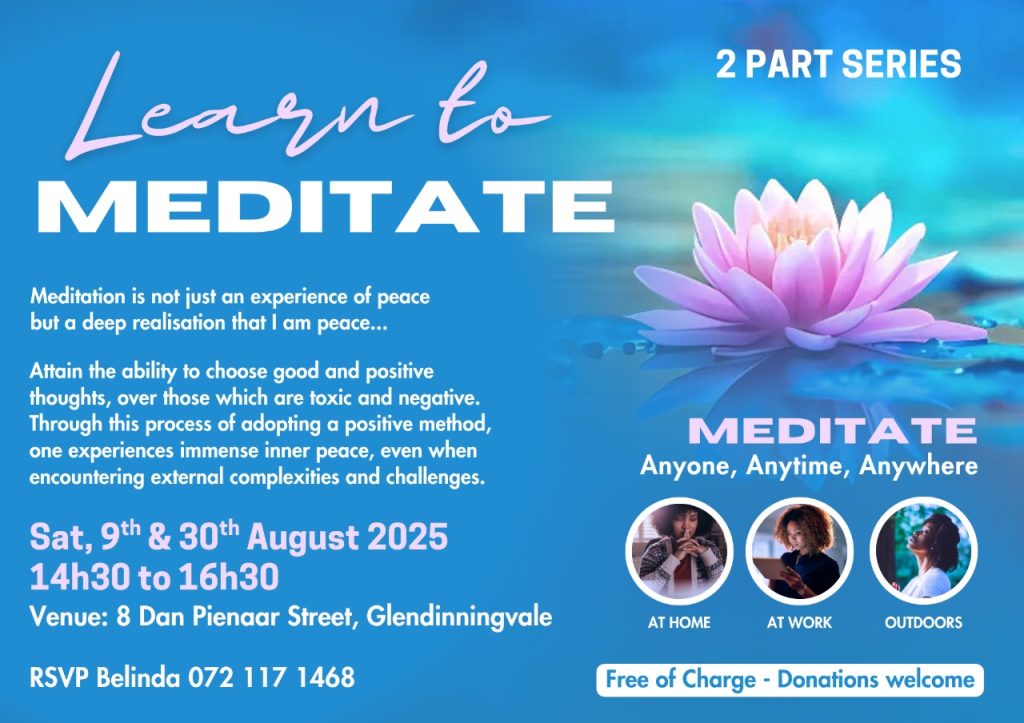 Flyer for a 2-part series titled “Learn to Meditate,” featuring a pink lotus flower on water. 