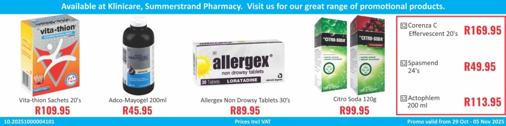 Promotional banner for Klinicare Summerstrand Pharmacy showing various products like Vita-thion, Allergex, and Citro-Soda with their discounted prices.